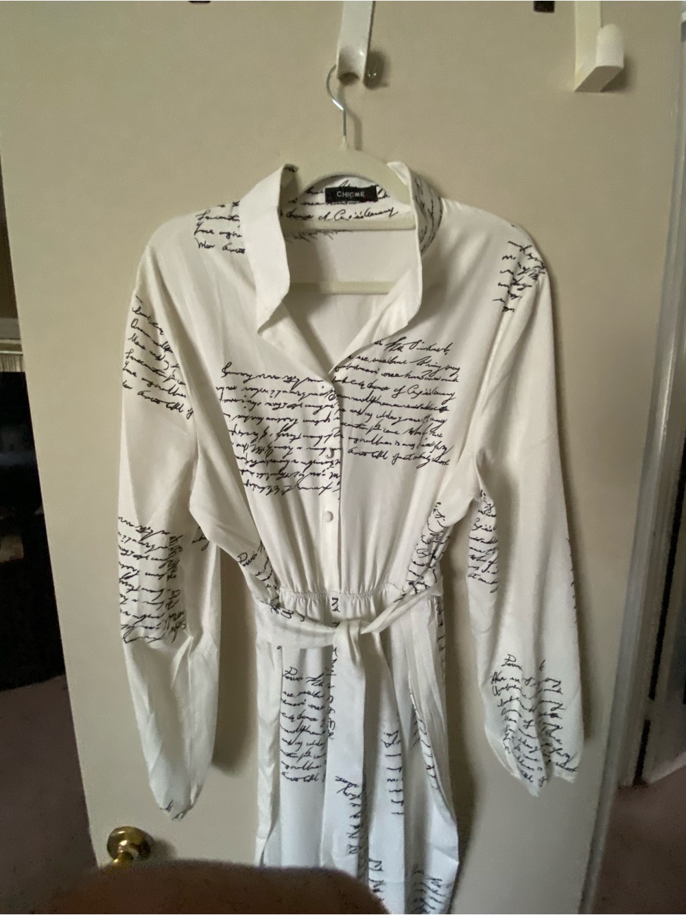 White Script Print Button-Front Jumpsuit